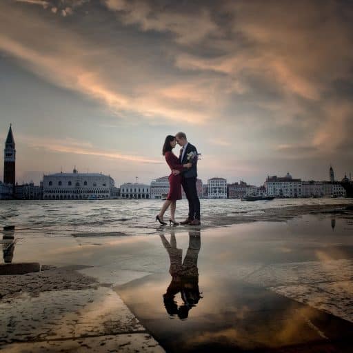 A couple during a symbolic wedding in Venice captured at the iconic San Giorgio Maggiore island.