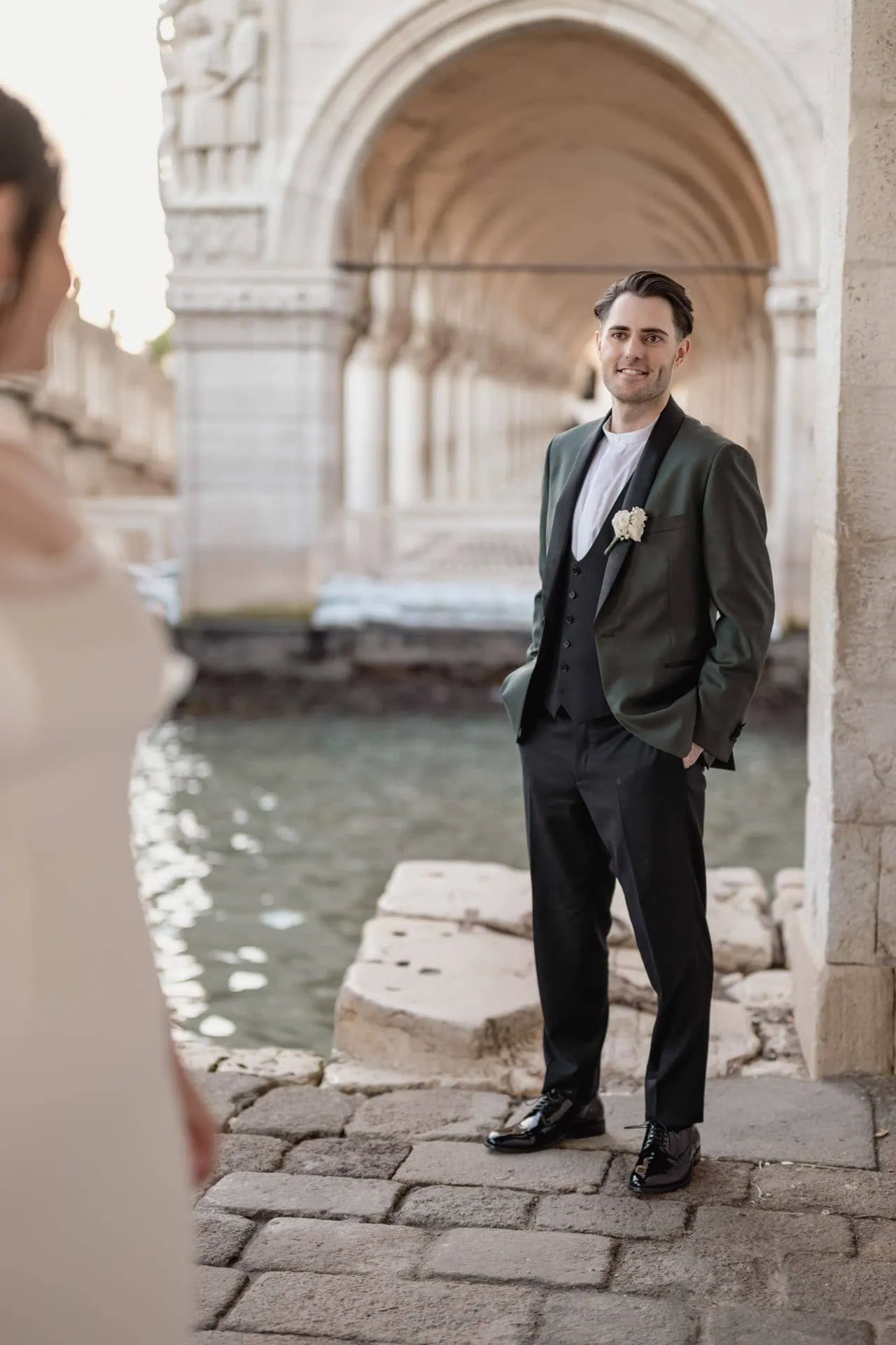 Couple at San Marco Square during Venice symbolic elopement photoshoot