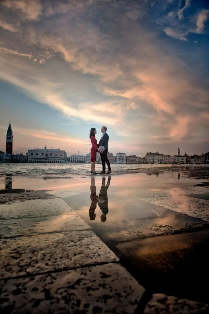 Couple at San Giorgio Maggiore during sunset, with Venice’s skyline glowing – Venice Wedding Photography Engagement