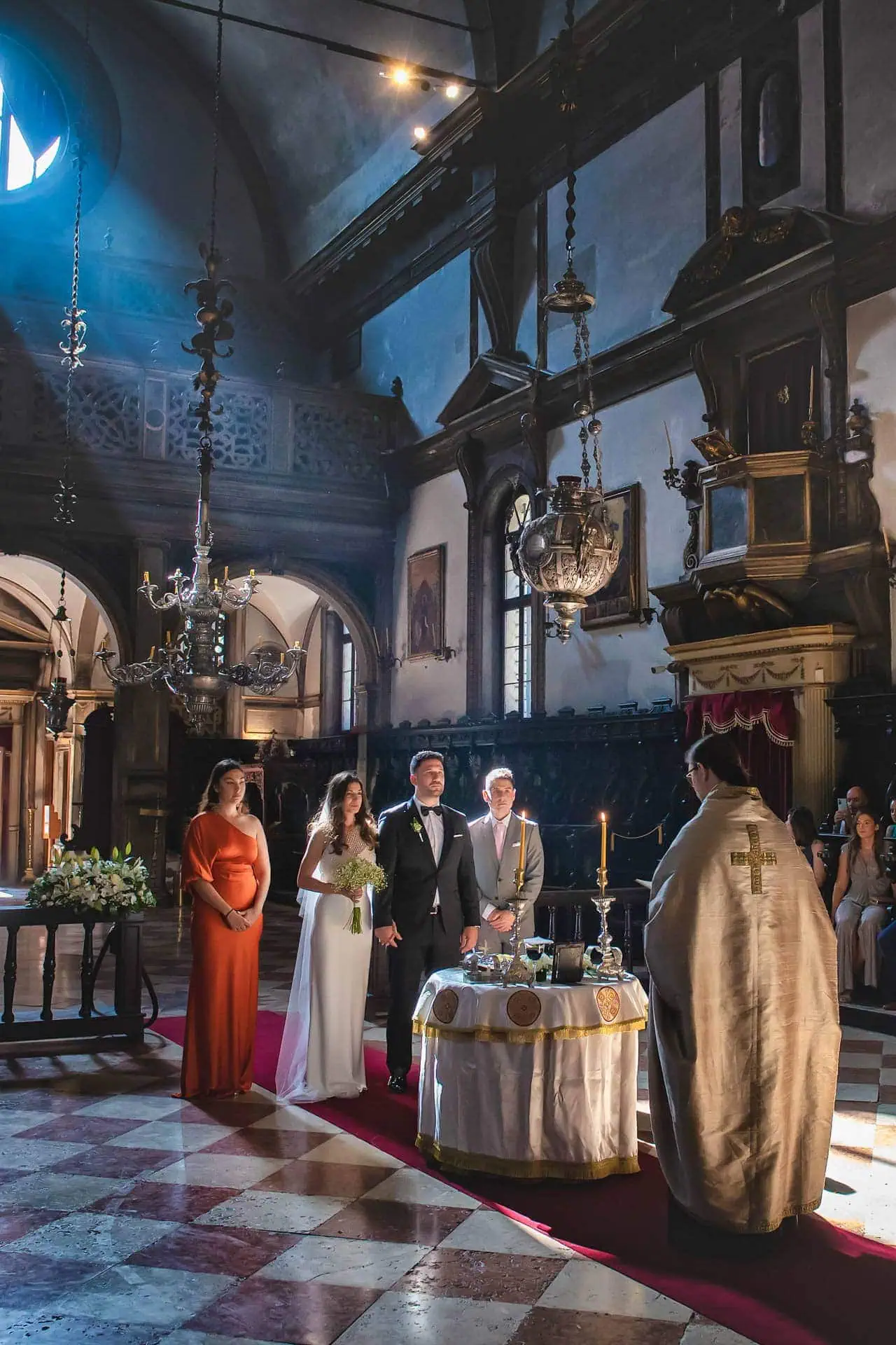 Newlyweds at the iconic Chiesa di San Giorgio dei Greci in Venice – Venice Wedding Photographer.