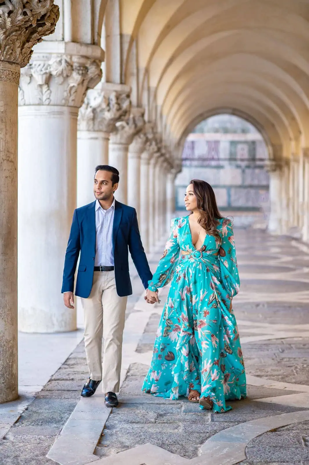 Stylish guest attire in Venice for a formal wedding.