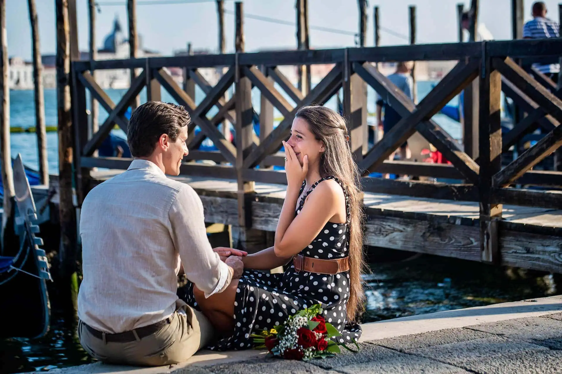 Romantic proposal at sunrise in Piazza San Marco, one of the best places to propose in Venice.