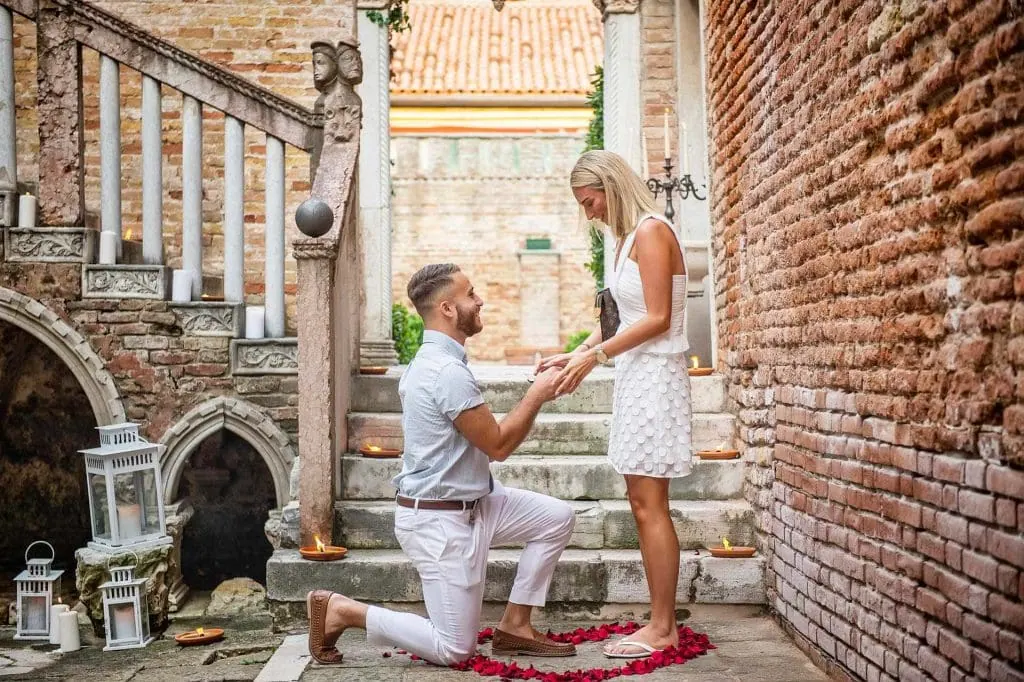 Romantic proposal in a private Venetian palace, one of the best places to propose in Venice.