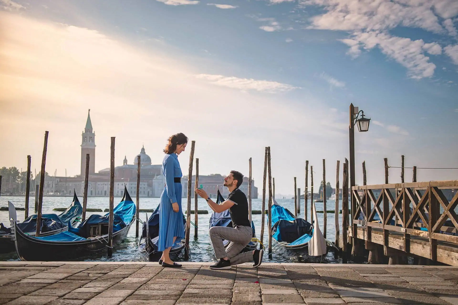 Sunset proposal on Riva degli Schiavoni, a scenic waterfront and one of the best places to propose in Venice.