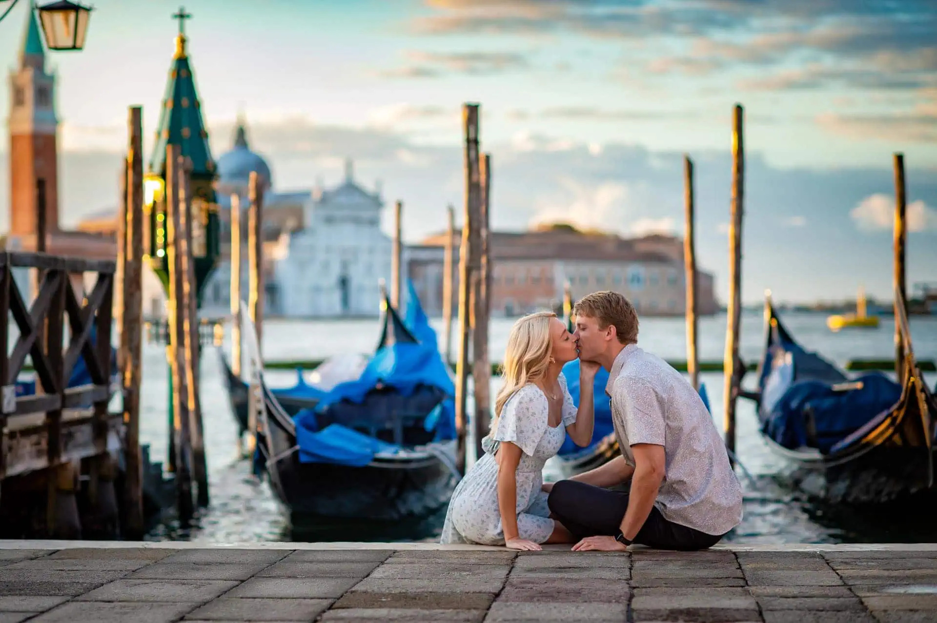 Couple during their engagement photoshoot at Piazza San Marco at sunrise, showcasing the best proposal Venice experience