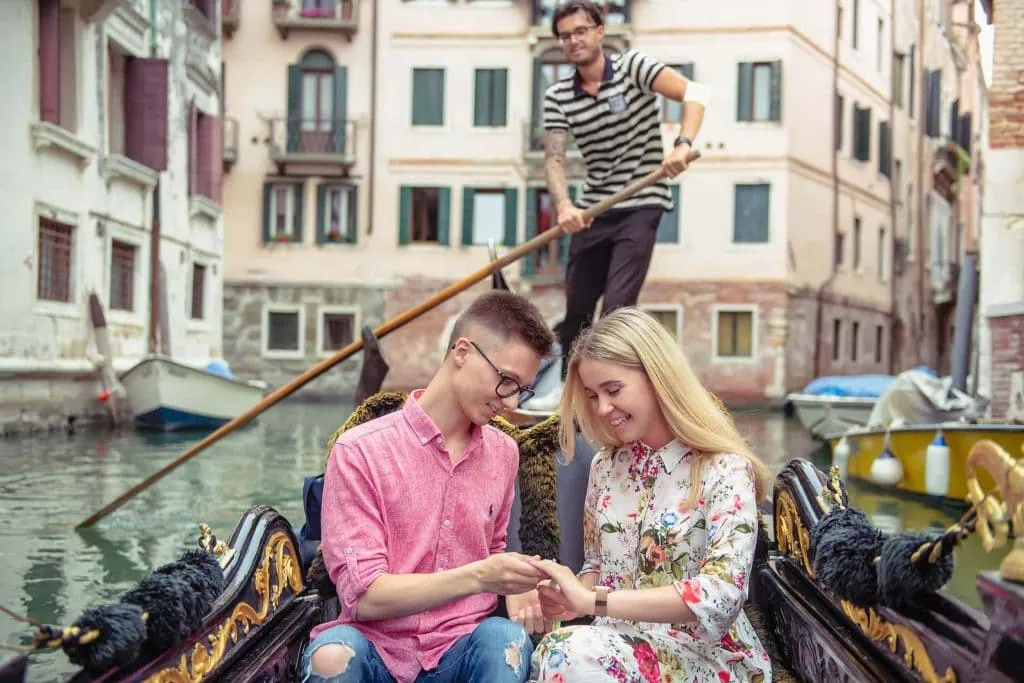 Proposal in Venice on a romantic gondola ride, captured by a Venice proposal photographer.