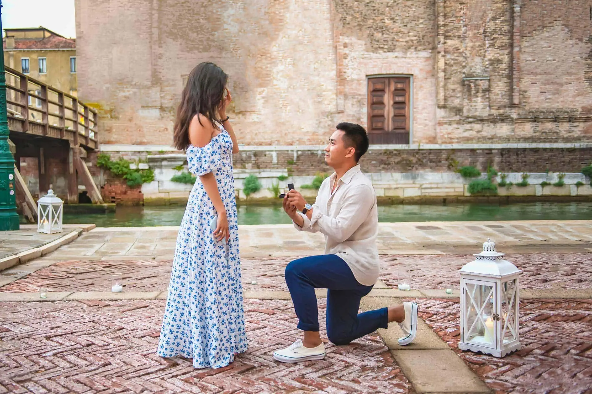 Wedding proposal photographer in Venice, Italy capturing an intimate proposal at Campo della Misericordia.