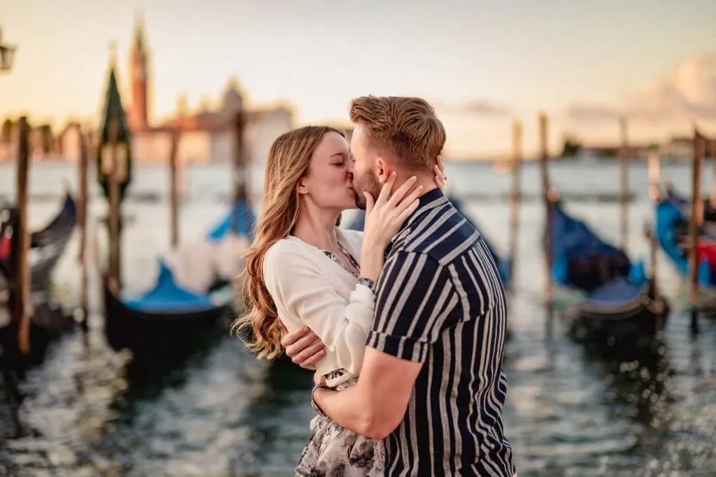 Romantic engagement photos in Venice at sunrise in Piazza San Marco.