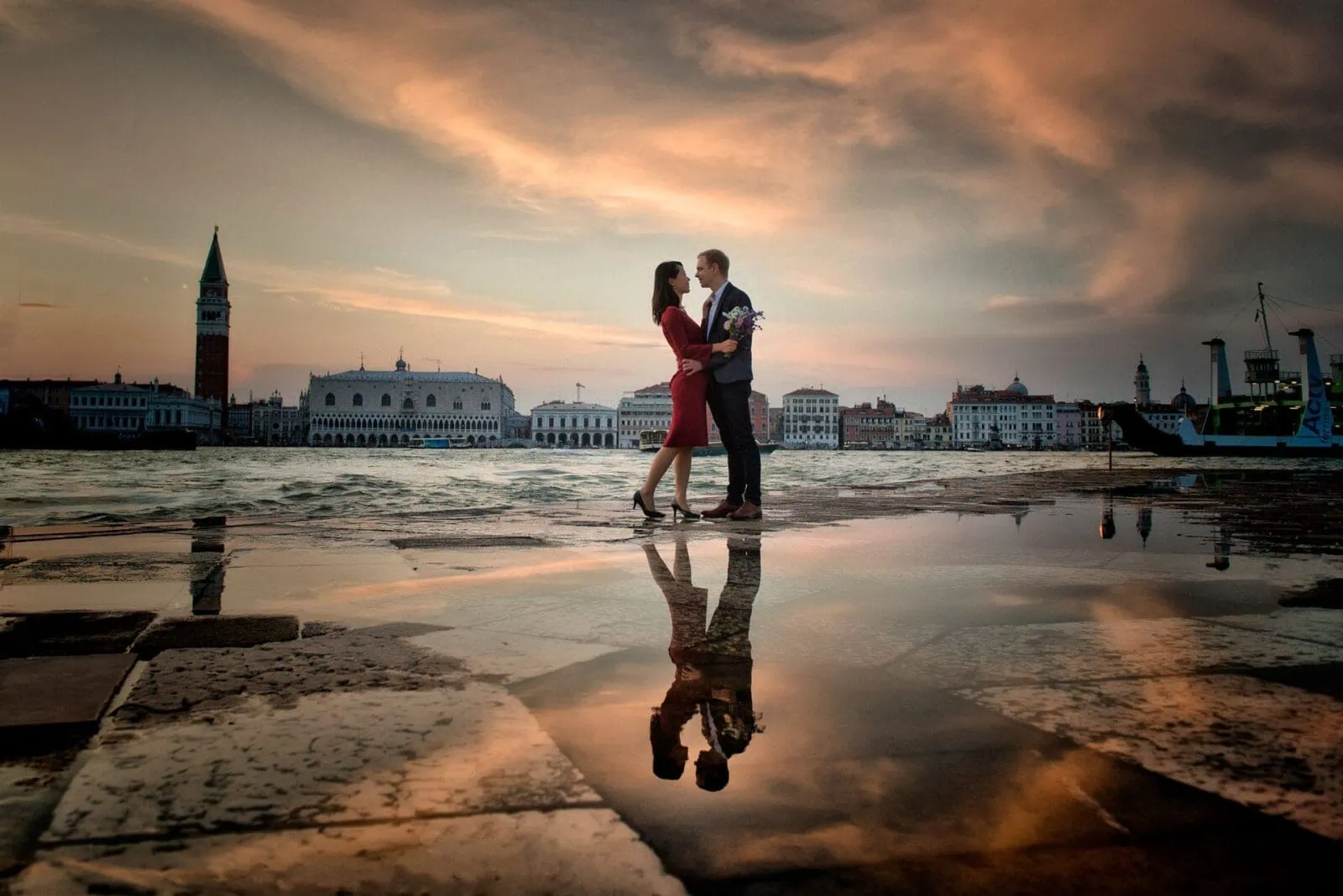 Romantic engagement photos in Venice at sunrise in Piazza San Marco.