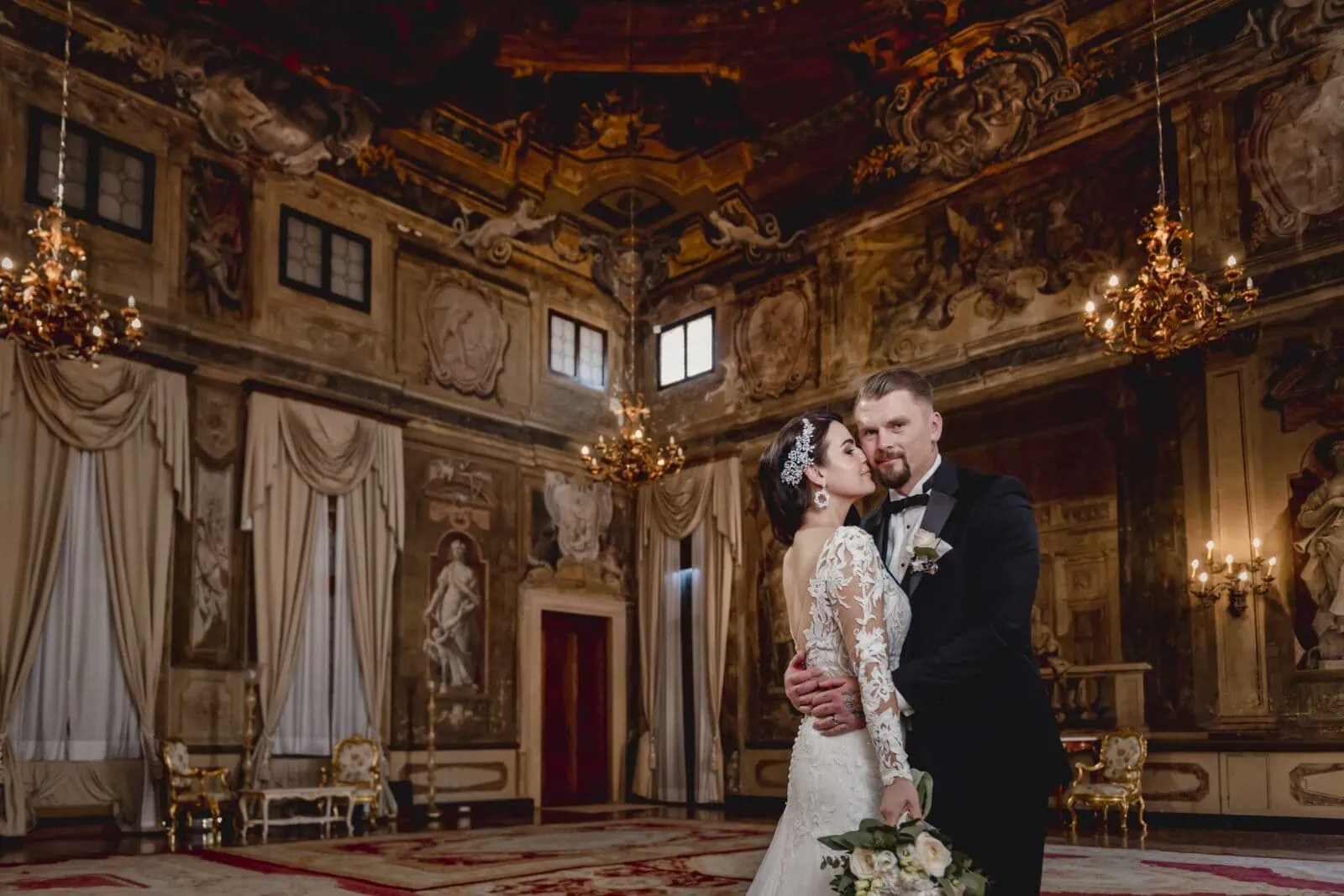 Romantic couple enjoying their honeymoon in Venice, Italy, captured in a scenic Venetian backdrop with historic canals, gondolas, and iconic landmarks.