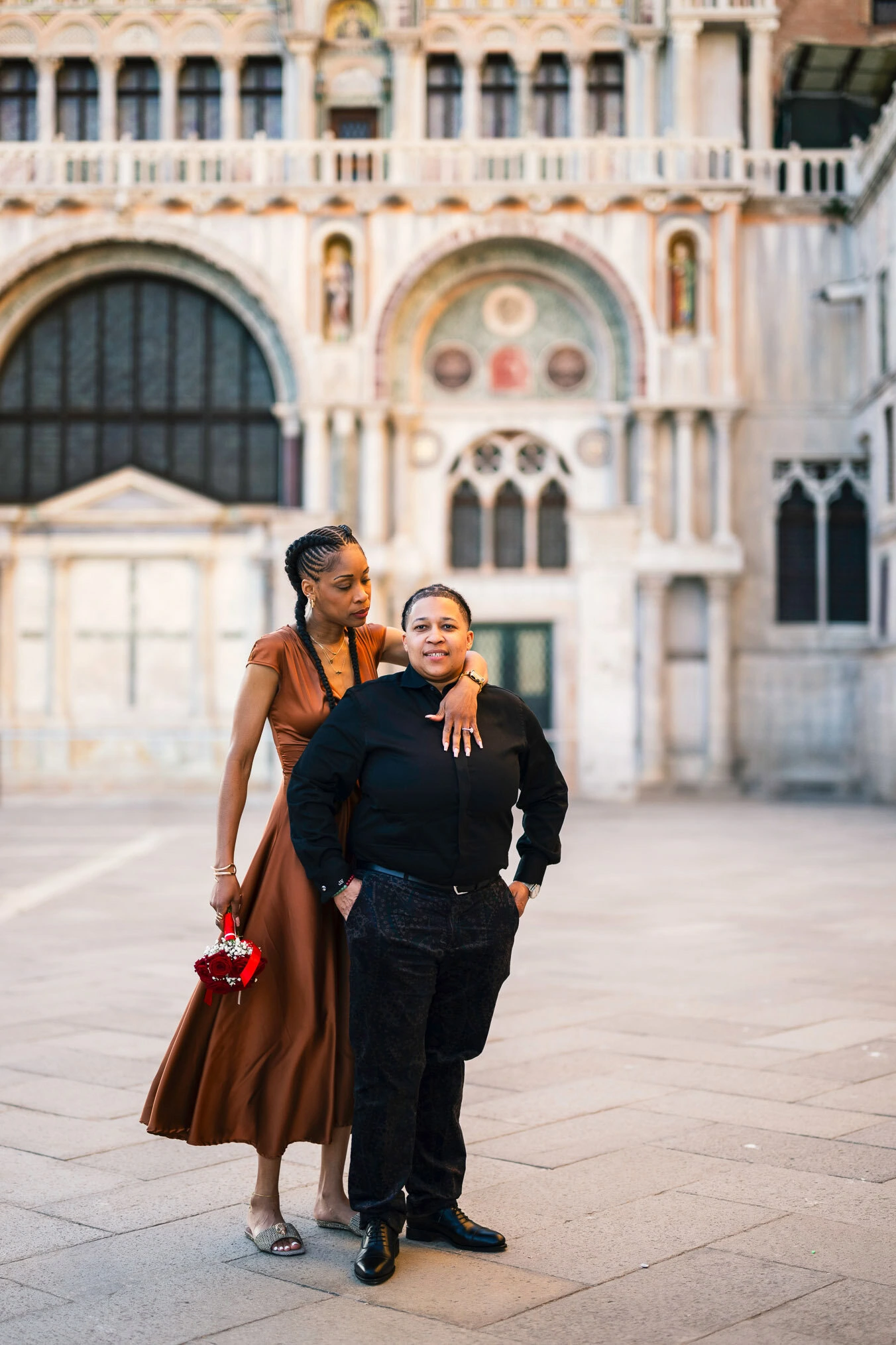 Lesbian couple proposal in Venice at San Marco Square at sunset