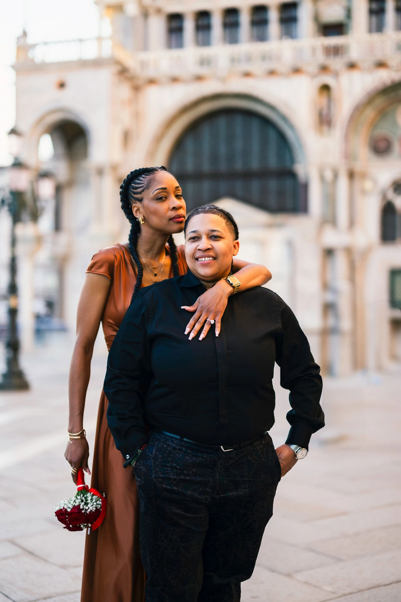 Lesbian couple proposal in Venice at San Marco Square at sunset