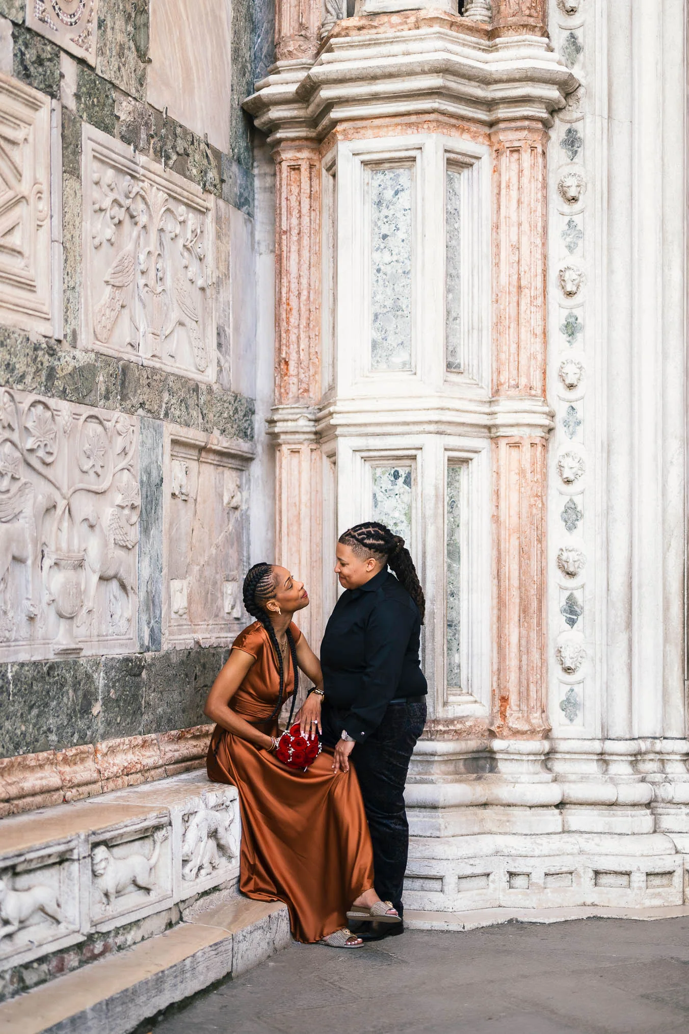 Lesbian couple proposal in Venice at San Marco Square at sunset