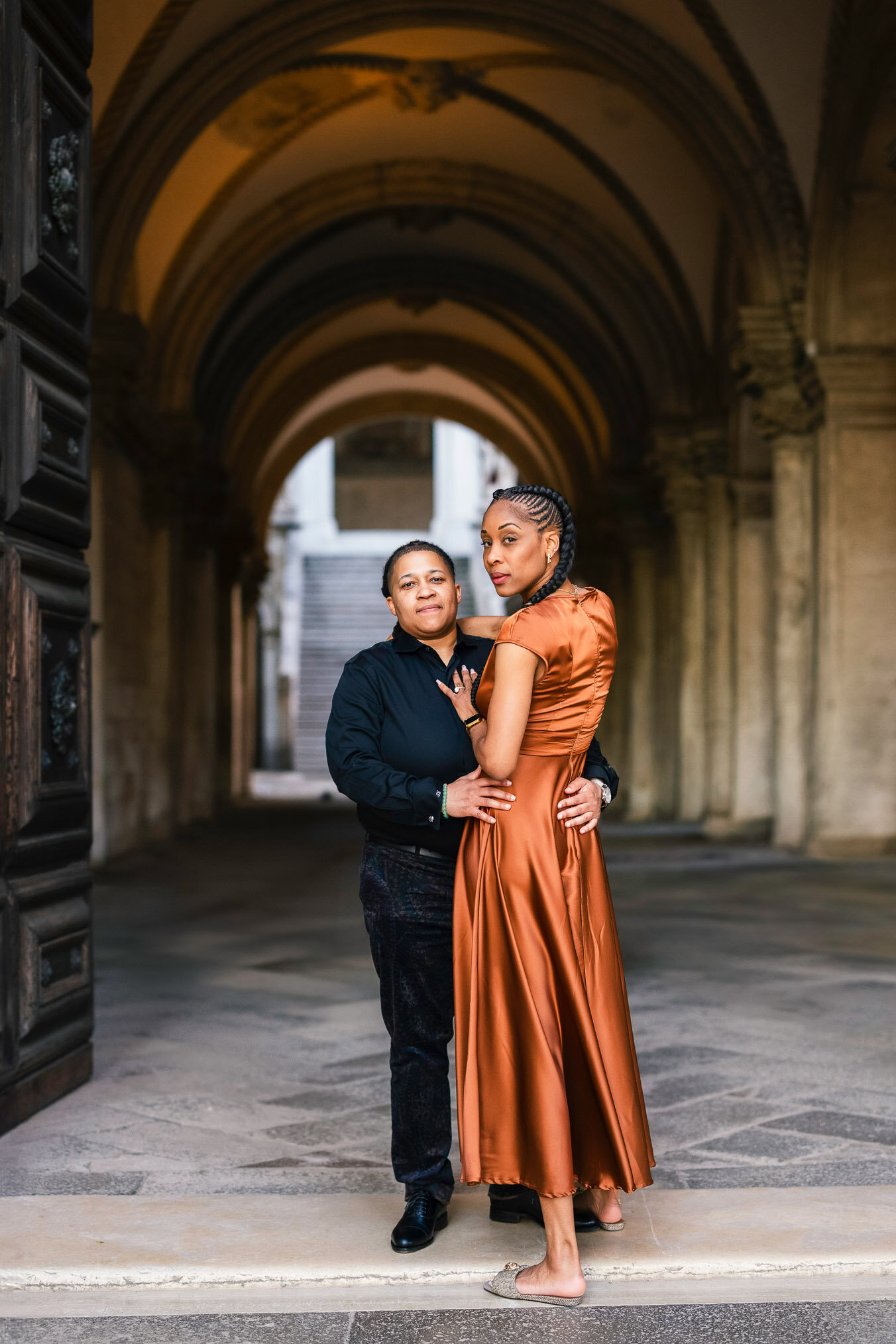 Lesbian couple proposal in Venice at San Marco Square at sunset