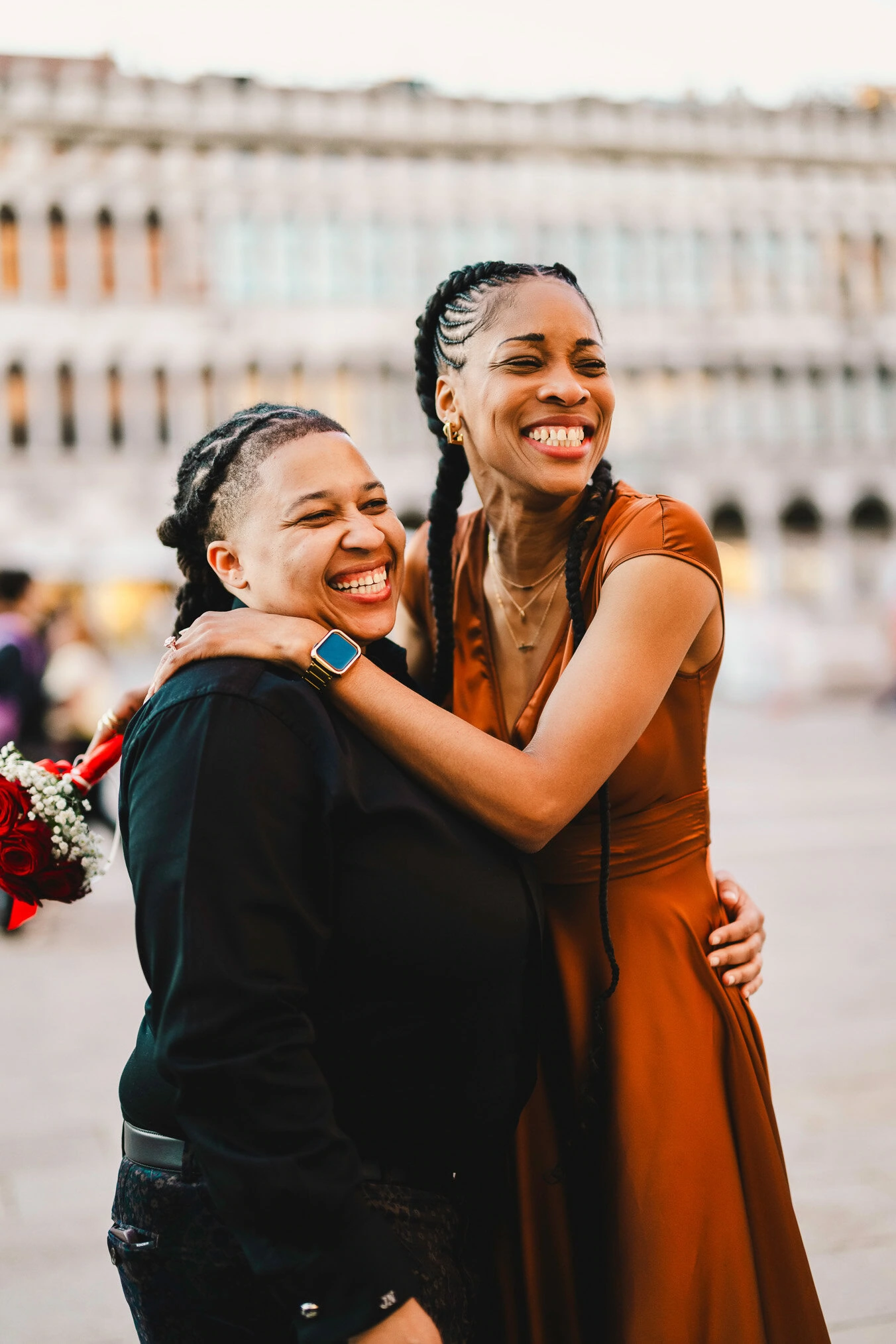 Lesbian couple proposal in Venice at San Marco Square at sunset
