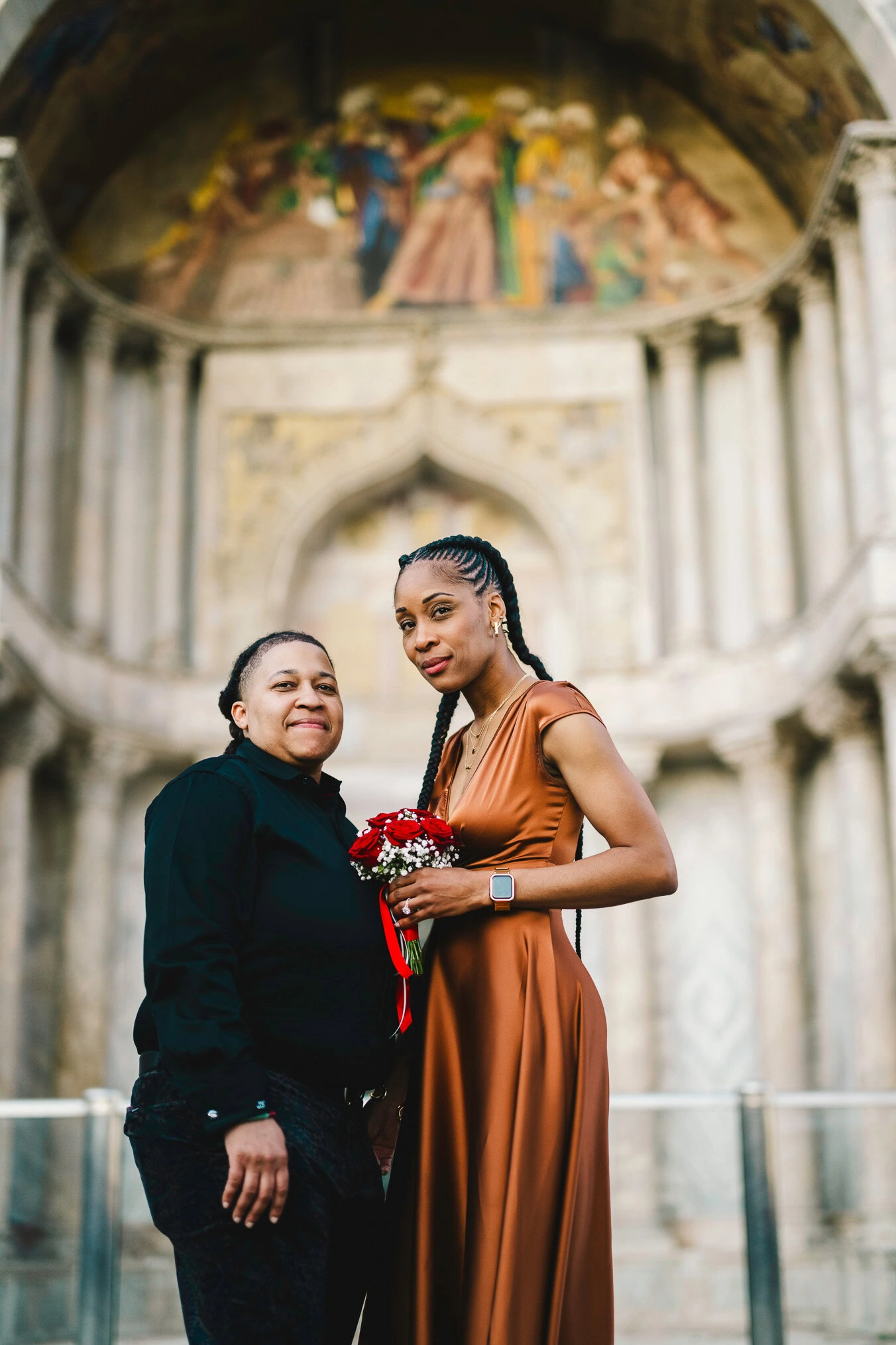 Lesbian couple proposal in Venice at San Marco Square at sunset