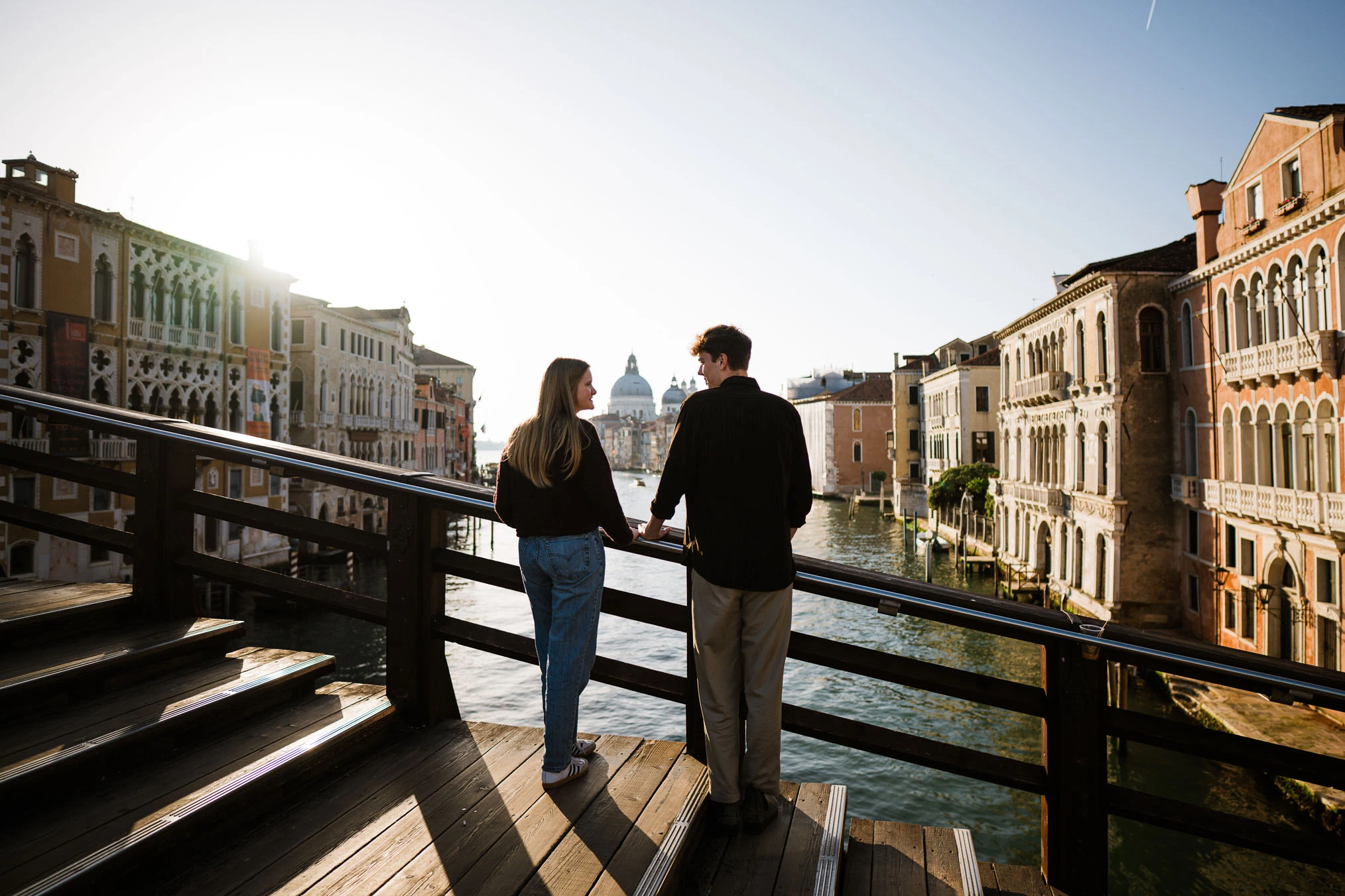 Venice surprise proposal photo on Accademia bridge with Grand Canal view
