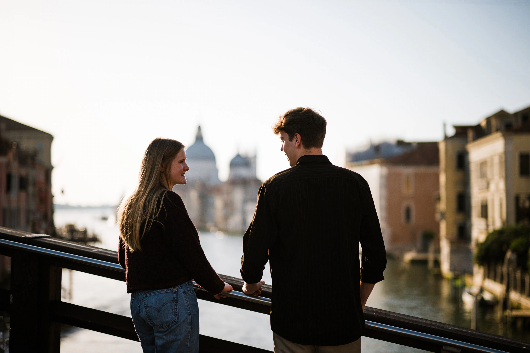 Venice surprise proposal photo on Accademia bridge with Grand Canal view