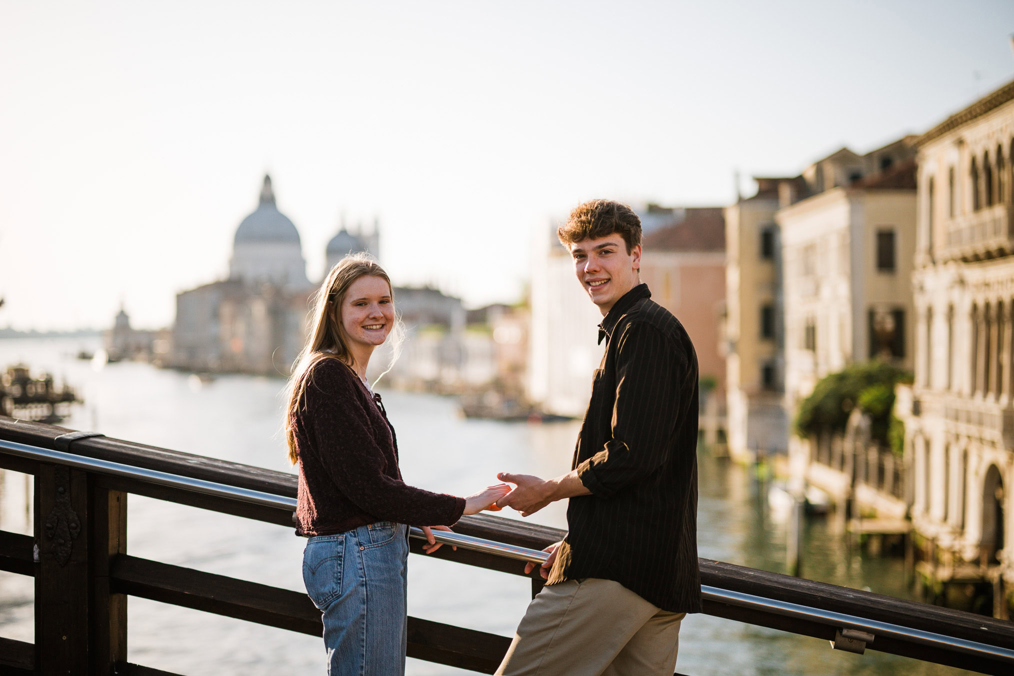 Venice surprise proposal photo on Accademia bridge with Grand Canal view