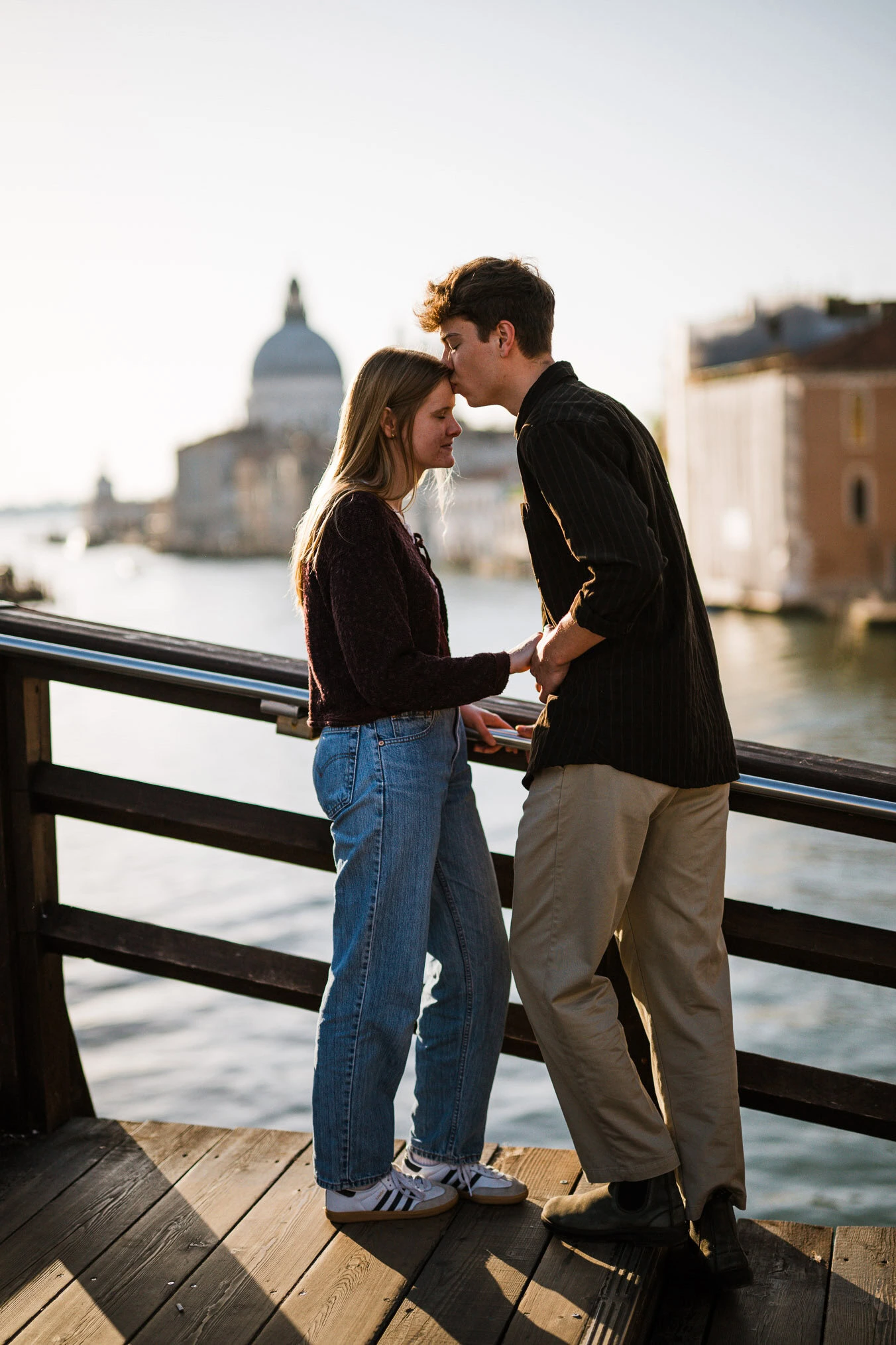 Venice surprise proposal photo on Accademia bridge with Grand Canal view