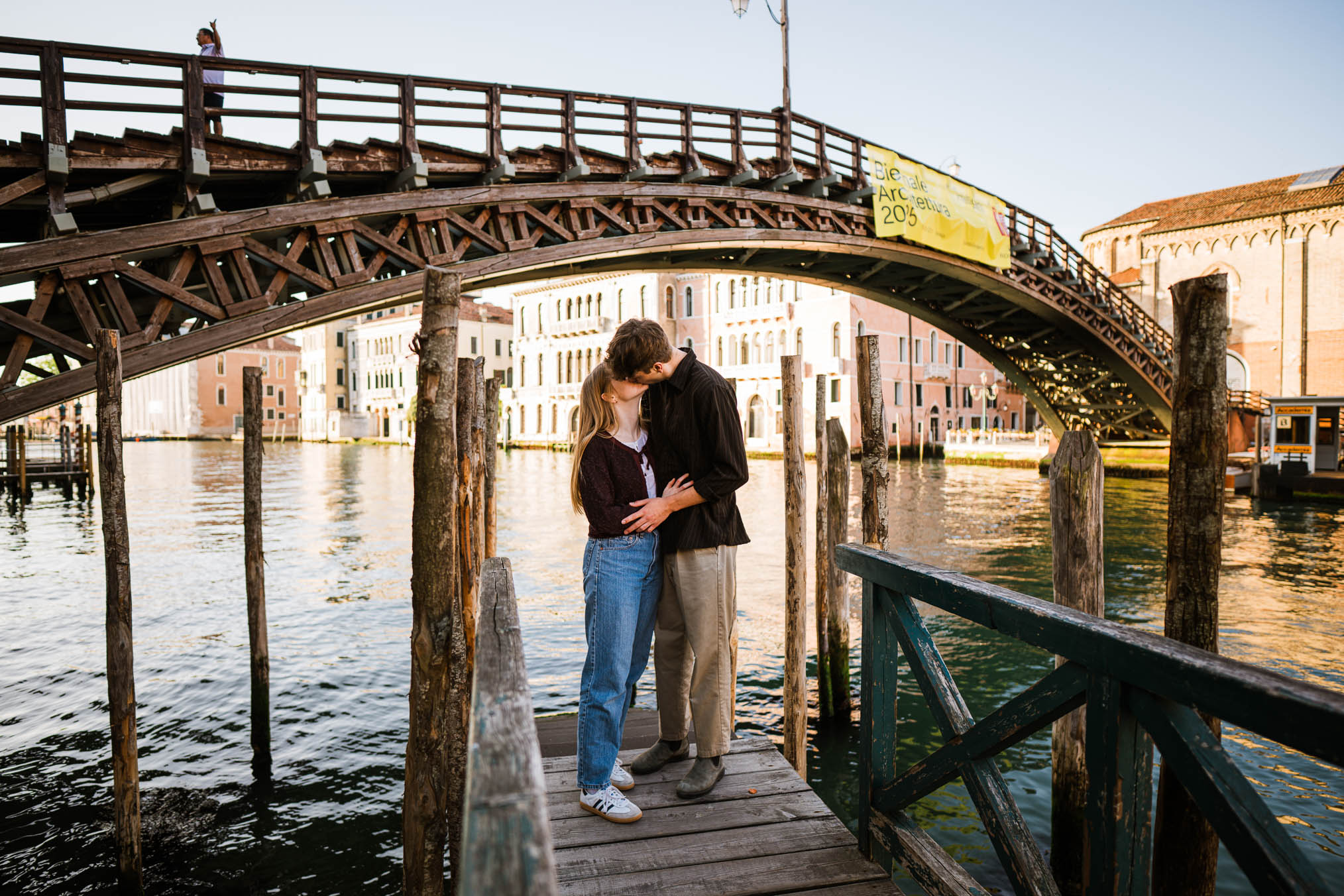 Venice surprise proposal photo on Accademia bridge with Grand Canal view