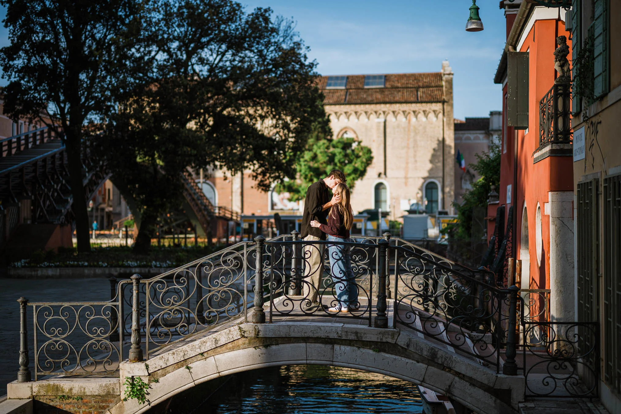 Venice surprise proposal photo on Accademia bridge with Grand Canal view