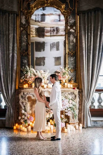 Romantic proposal with floral decorations.