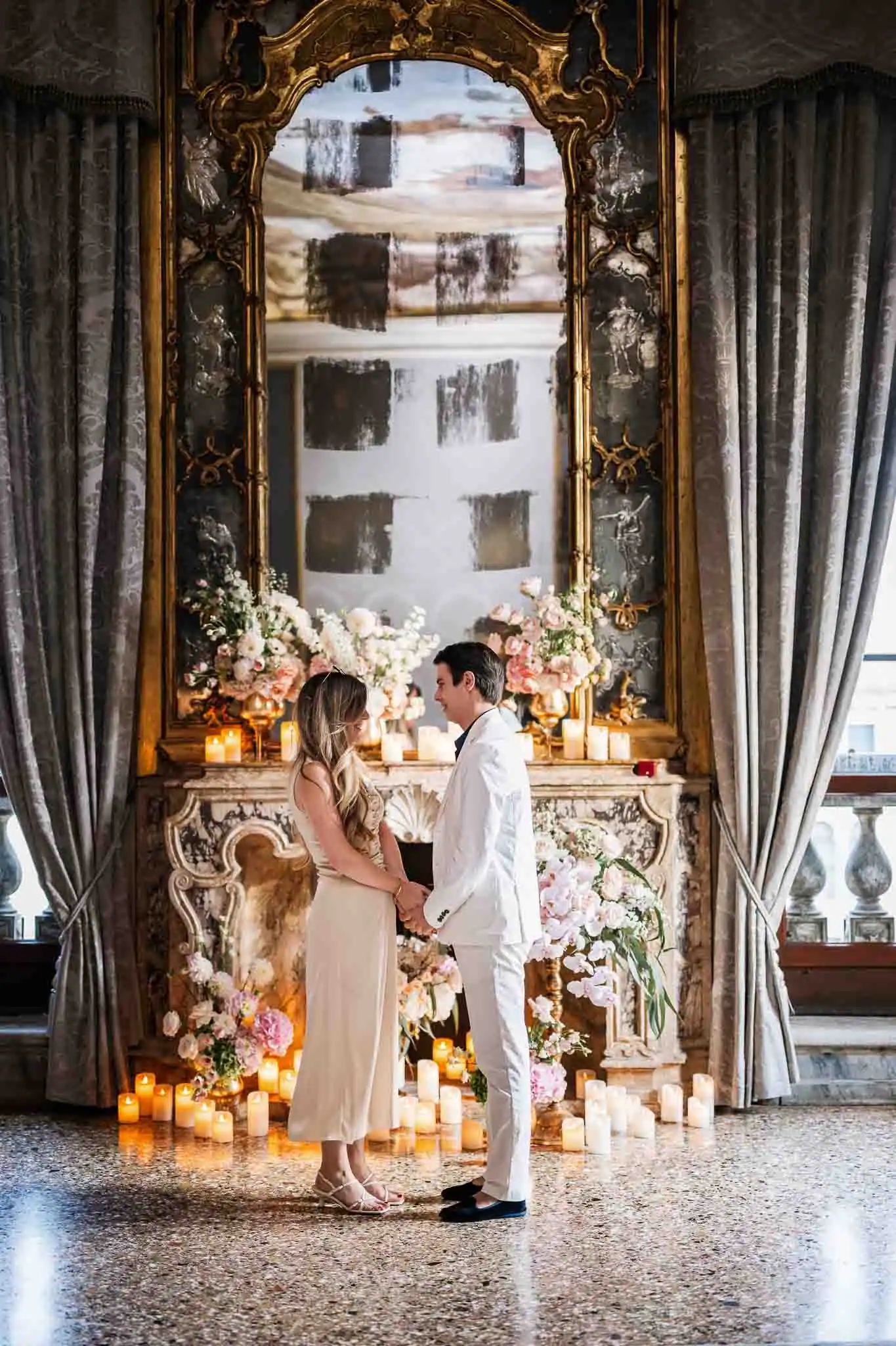 Romantic proposal with floral decorations.