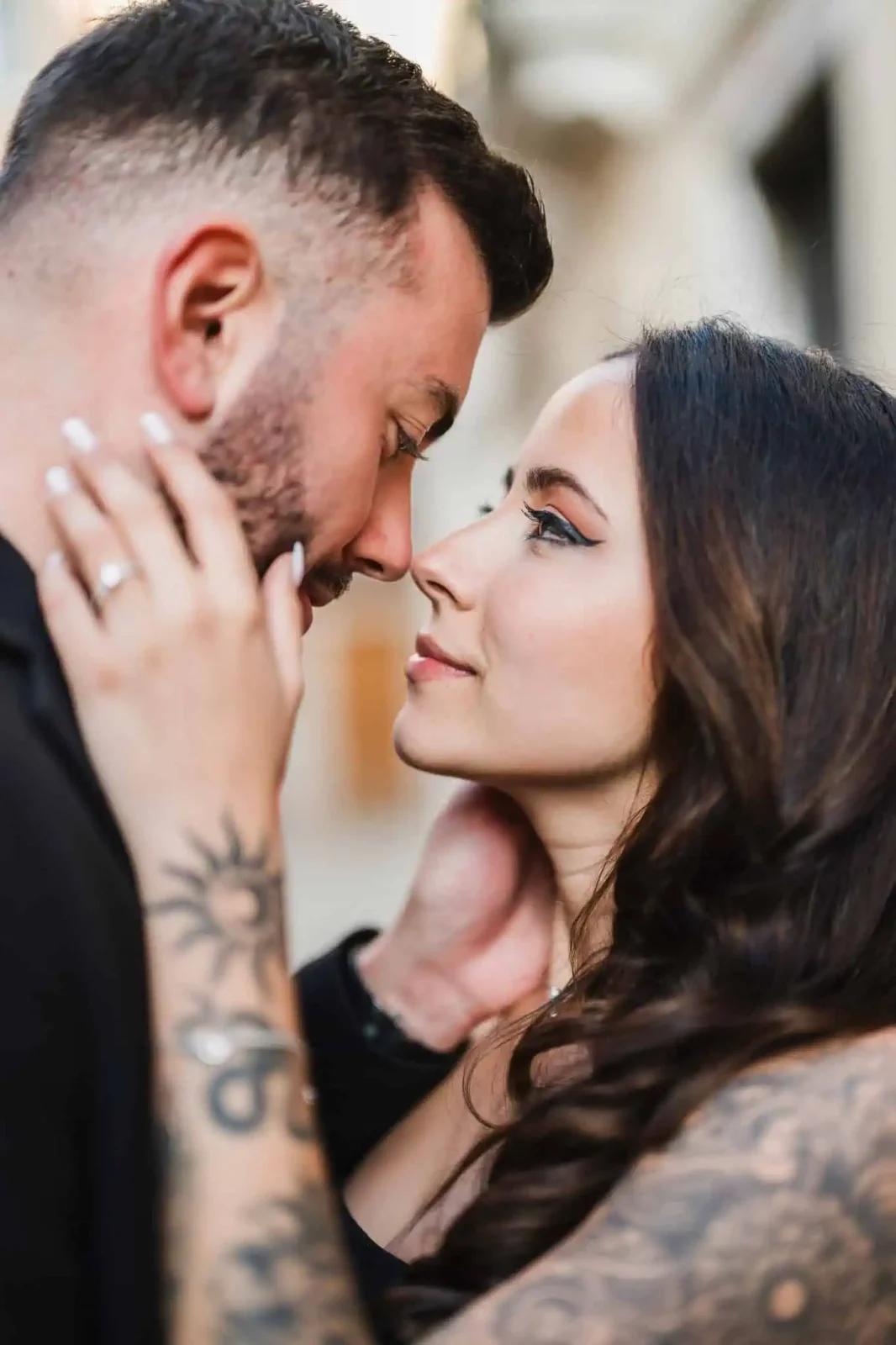 1. Close-up of a romantic couple during Venice proposal, emphasizing love and intimacy.
