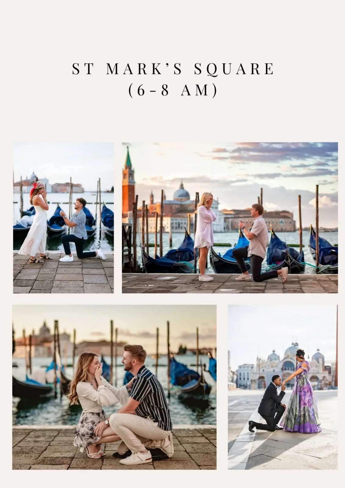 1. Romantic Venice proposal and engagement photography near gondolas at dawn.