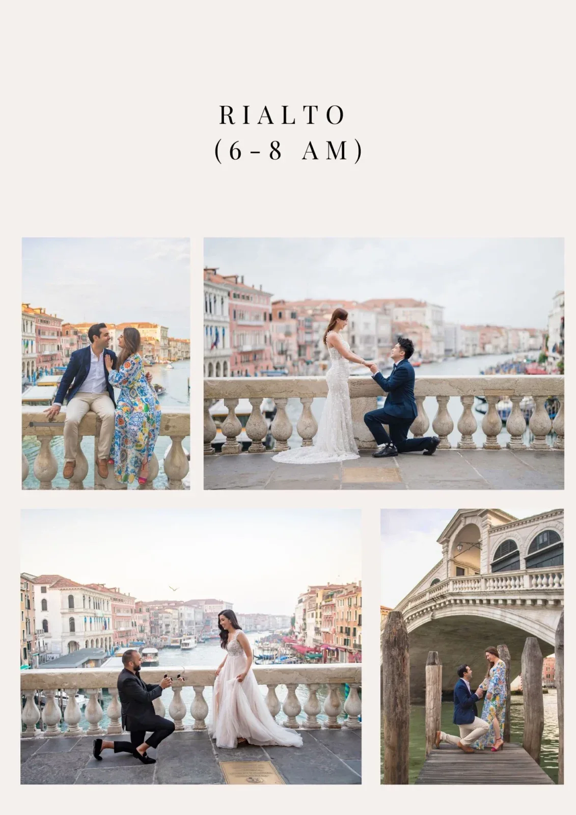 1. Romantic Venice wedding proposal photoshoot at Rialto Bridge during sunrise.