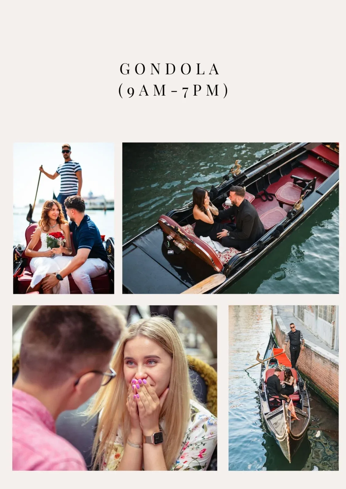 Romantic Venice gondola ride capturing engaged couple and proposal moments.
