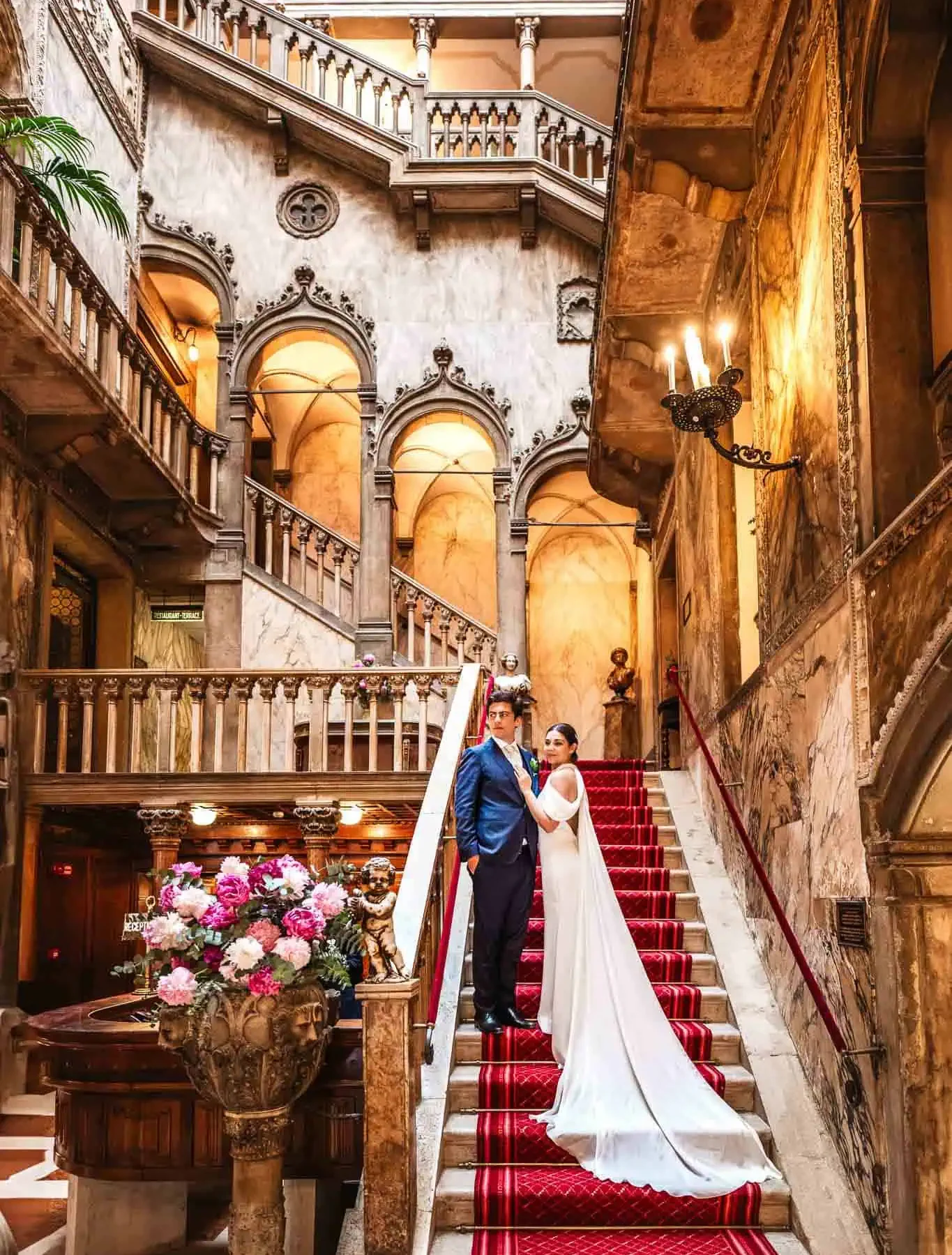 Couple on Gothic grand staircase Hotel Danieli Venice Palazzo Dandolo wedding photography