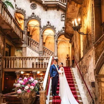 Couple on Gothic grand staircase Hotel Danieli Venice Palazzo Dandolo wedding photography