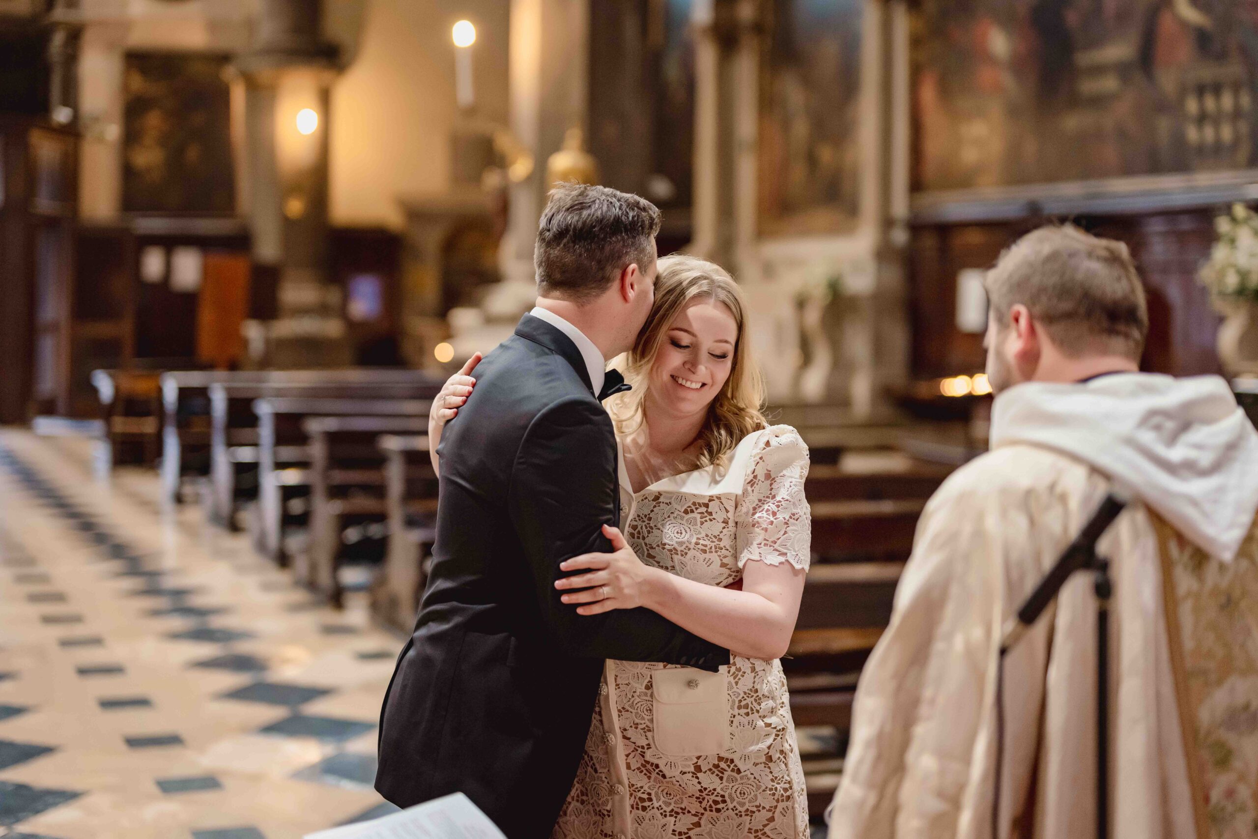 Venice church wedding ceremony, couple exchanging vows during elopement in a Venetian church.