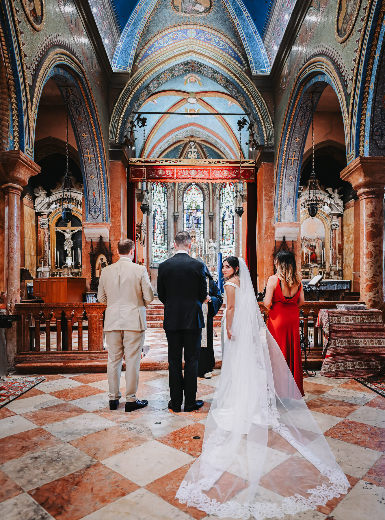 Venice church, Catholic wedding ceremony with bride and groom exchanging vows.