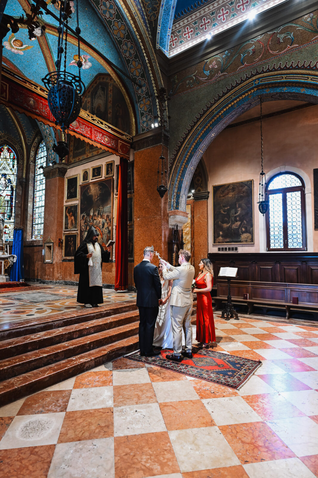 Venice church, Orthodox wedding ceremony with priest and couple exchanging vows.